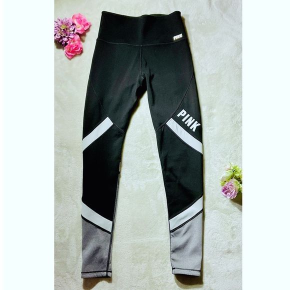 PINK Victoria's Secret Pants - Victoria's Secret PINK Ultimate Black Gray Logo Spellout Black Stripe Leggings